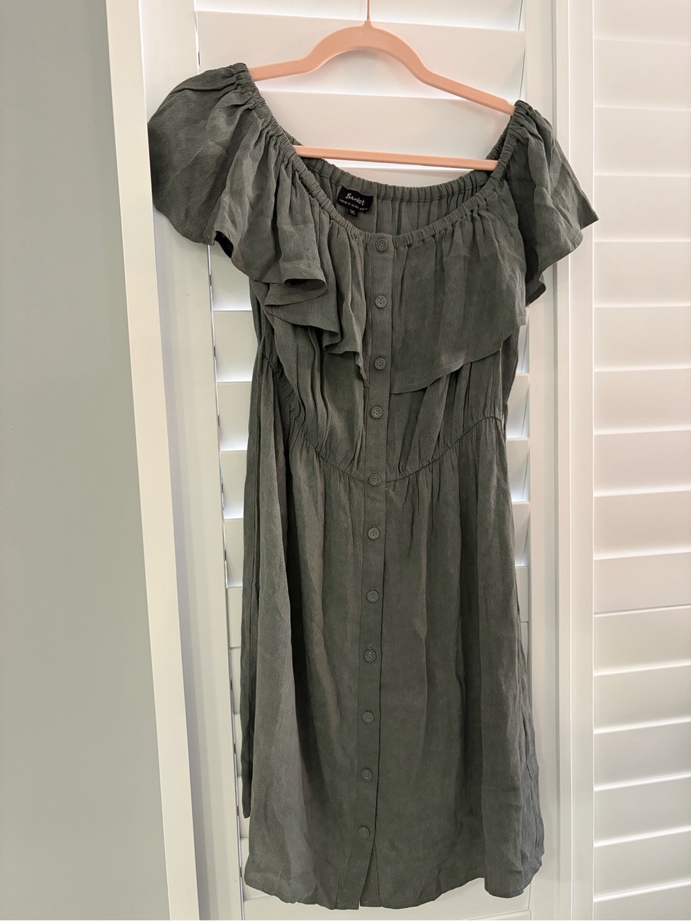 Bardot Olive Off-Shoulder Ruffle Button Midi Dress
